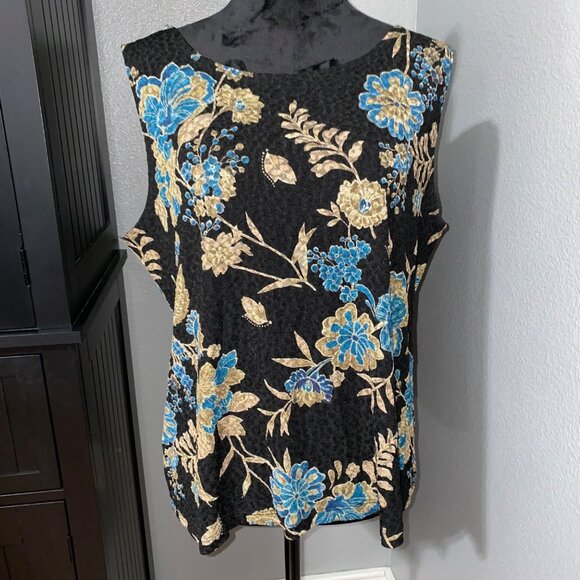 White Stag Stretch Blouse XL Black Floral Print Sleeveless Y2K Office chic - Picture 1 of 8
